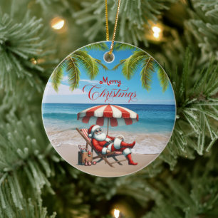 Santa under a Beach Umbrella Christmas Ceramic Ornament