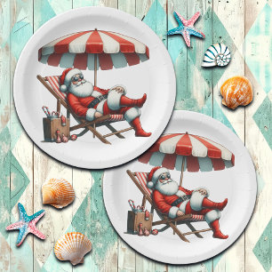 Santa under a Beach Umbrella Christmas Paper Plates