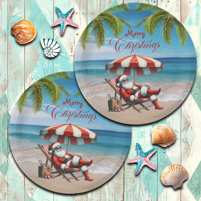 Santa under a Beach Umbrella Christmas Paper Plates (Creator Uploaded)