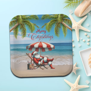 Santa under a Beach Umbrella Christmas Paper Plates