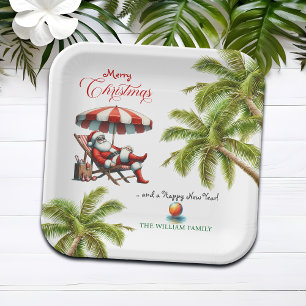 Santa under a Beach Umbrella Christmas Paper Plates