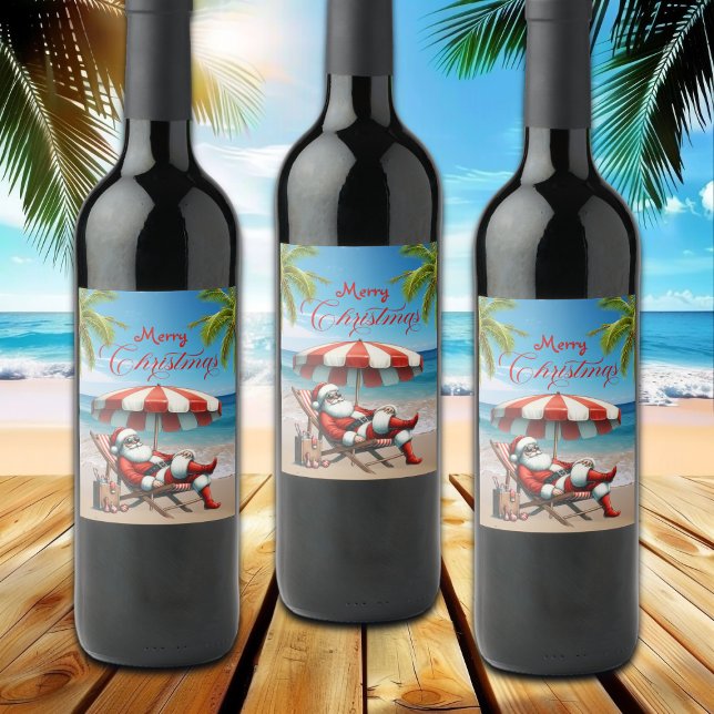 Santa under a Beach Umbrella Christmas Wine Label (Creator Uploaded)