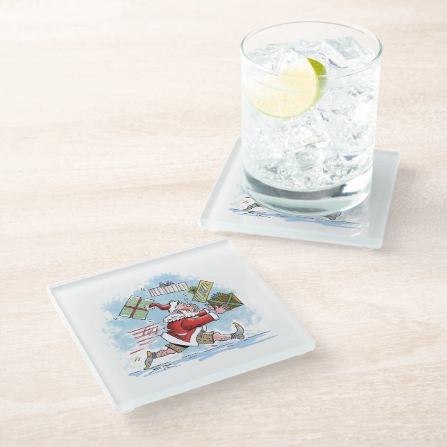 Santa Unprepared white glass coaster (Angled)