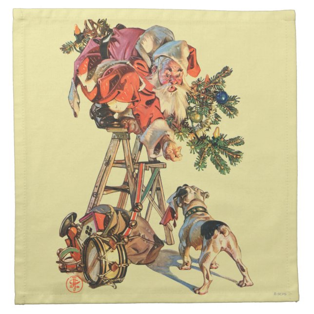 Santa Up a Ladder Cloth Napkin (Front)