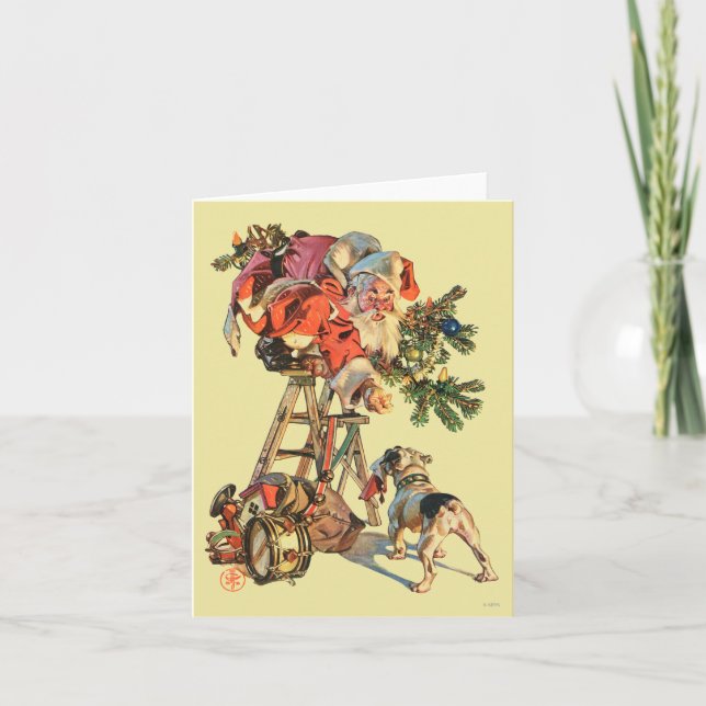 Santa Up a Ladder Holiday Card (Front)