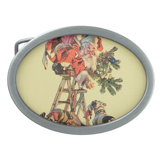 Santa Up a Ladder Oval Belt Buckle (Front)