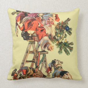 Santa Up a Ladder Throw Pillow