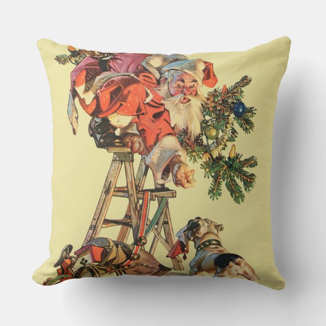 Santa Up a Ladder Throw Pillow (Front)