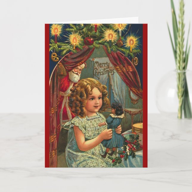 Santa, Victorian child and doll Christmas card (Front)