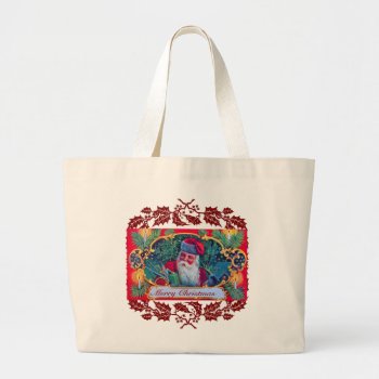Santa Vintage Christmas Gifts Red Winter  Floral Large Tote Bag by AiLartworks at Zazzle