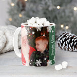 Santa Visit Two Photo Collage Christmas Keepsake Coffee Mug<br><div class="desc">Personalize this festive Christmas coffee or hot cocoa mug with two favorite photos and custom "Santa Visit"   Year text.  Design features a white winter snowflake border pattern. Hunter green background color can be customized to coordinate with your photo design.</div>