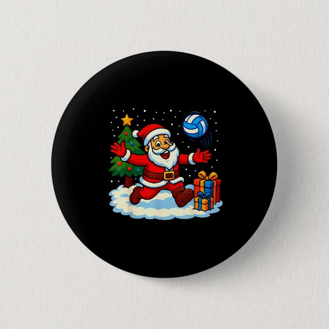 Santa Volleyball Playing Srt Christmas Tree Xmas P Button (Front)