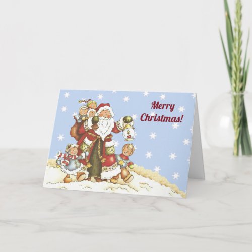 Santa Walking in Snow With Cute Kids Snowflakes Holiday Card