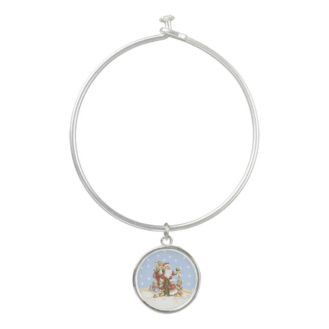 Santa Walking in Snow With Group Little Children Bangle Bracelet (Front)