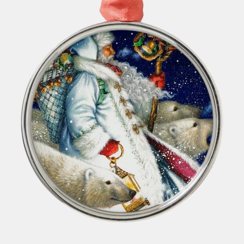 Santa Walking With Polar Bears Metal Ornament