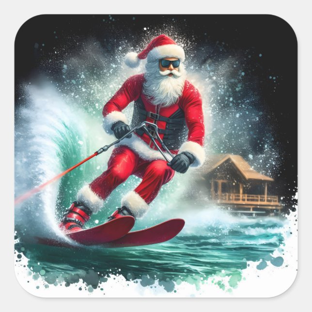 Santa Water Skiing on a Sunny Day Square Sticker (Front)