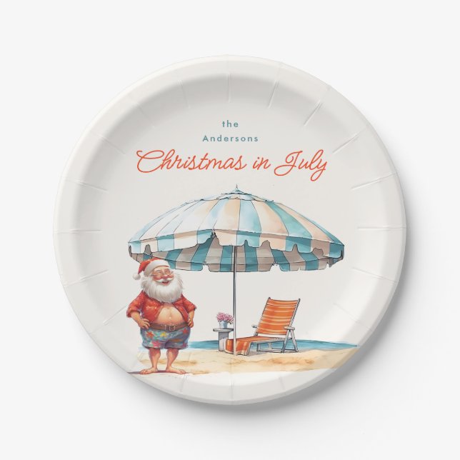 Santa Watercolor Christmas in July Summer Party Paper Plates (Front)