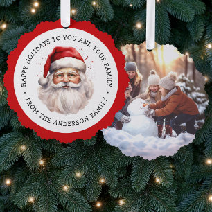 Santa watercolor painting and photo happy holidays ornament card