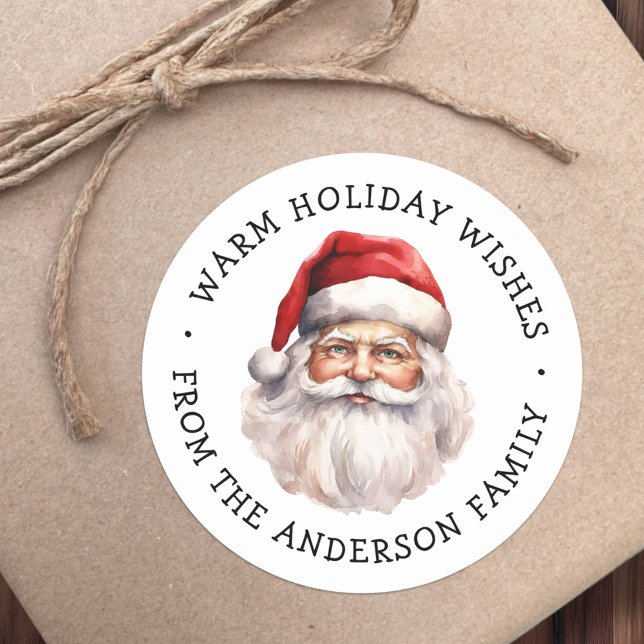 Santa watercolor warm winter wishes classic round sticker (Cute dopey gingerbread man warm winter wishes classic round sticker)