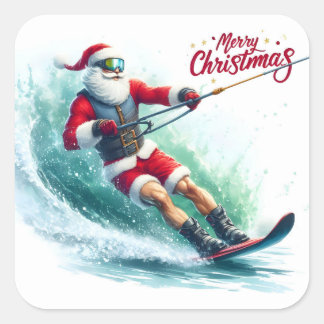 Santa Waterskiing on a Sunny Christmas Morning Square Sticker