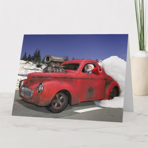 Santa Waving Driving Old 1941 Rusty Hotrod Coupe Card