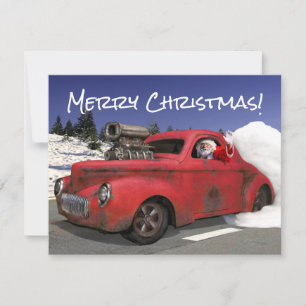 Santa Waving Driving Old 1941 Rusty Hotrod Coupe   Holiday Card