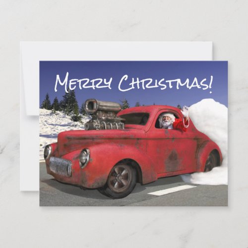 Santa Waving Driving Old 1941 Rusty Hotrod Coupe   Holiday Card