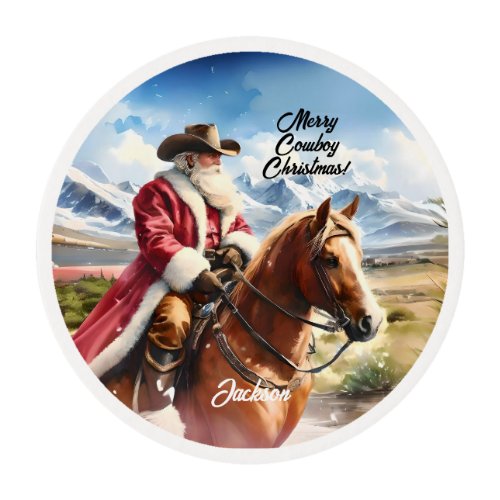  Santa Wearing Cowboy Hat and Riding Horse Edible Frosting Rounds