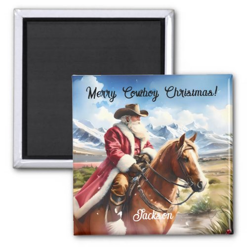  Santa Wearing Cowboy Hat and Riding Horse Magnet