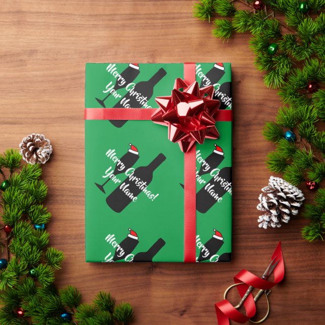 Santa wine bottle silhouette green Christmas gift Wrapping Paper (Holiday Gift)