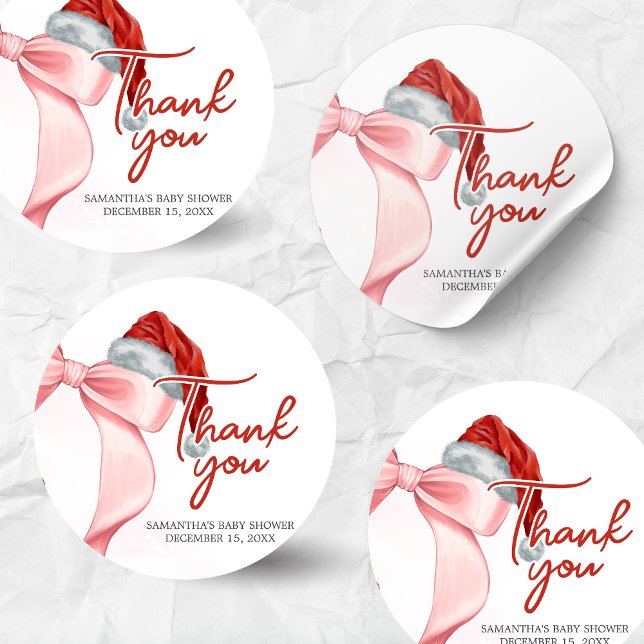 Santa Winter Baby Shower Classic Round Sticker (Santa Baby Coquette Christmas Winter Baby Shower Sticker)