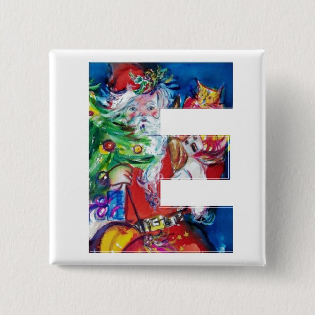 SANTA WITH  BALLOONS AND CHRISTMAS TREE E MONOGRAM PINBACK BUTTON (Front)