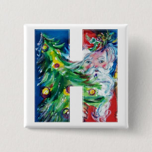 SANTA WITH BALLOONS AND CHRISTMAS TREE H MONOGRAM PINBACK BUTTON