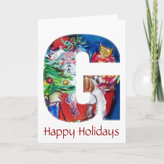 SANTA WITH  BALLOONS AND CHRISTMAS TREE MONOGRAM HOLIDAY CARD (Front)