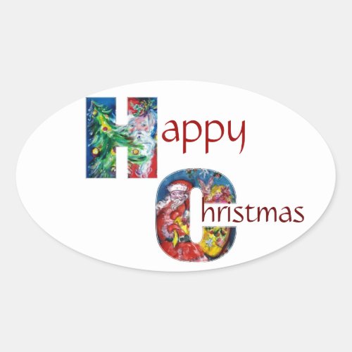 SANTA WITH  BALLOONS AND CHRISTMAS TREE MONOGRAM OVAL STICKER