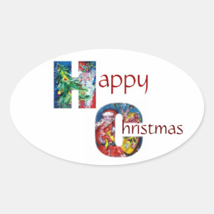 SANTA WITH BALLOONS AND CHRISTMAS TREE MONOGRAM OVAL STICKER