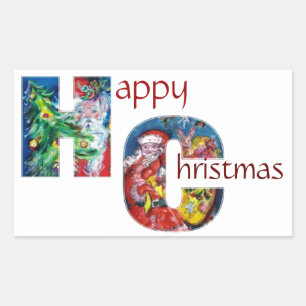 SANTA WITH BALLOONS AND CHRISTMAS TREE MONOGRAM RECTANGULAR STICKER