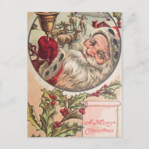 Santa with Bell and Holly Holiday Postcard