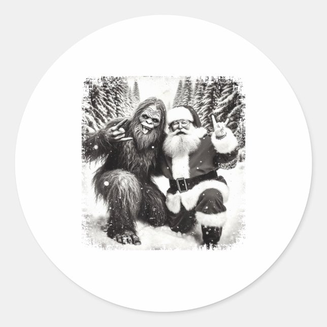 Santa With Bigfoot Christmas Lights Funny Sasquatc Classic Round Sticker (Front)