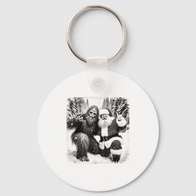 Santa With Bigfoot Christmas Lights Funny Sasquatc Keychain (Front)