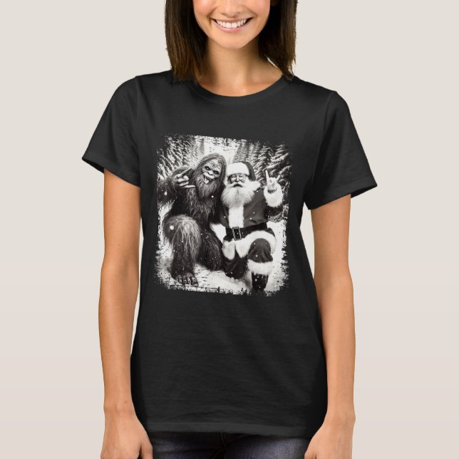 Santa With Bigfoot Christmas Lights Funny Sasquatc T-Shirt (Front)