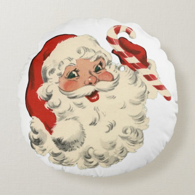 Santa With Candy Cane Round Pillow (Front)