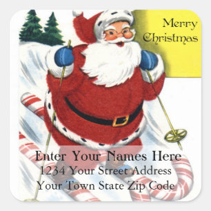 Santa With Candy Cane Skis Vintage Address Label