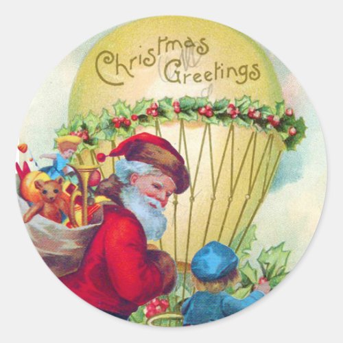 SANTA WITH CHILD CHRISTMAS BALLOONHOLLYBERRIES CLASSIC ROUND STICKER