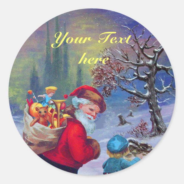 SANTA WITH CHILD IN THE WINTER SNOW CLASSIC ROUND STICKER (Front)