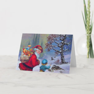 SANTA WITH CHILD IN THE WINTER SNOW LANDSCAPE HOLIDAY CARD