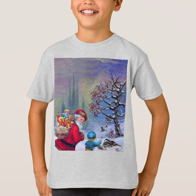 SANTA WITH CHILD IN THE WINTER SNOW  T-Shirt (Front)