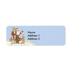 Santa With Children Walking in Snow Light Blue Label