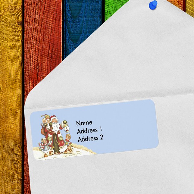 Santa With Children Walking in Snow Light Blue Label (Cute Santa Claus with little children in snow on light blue return address labels for Christmas.)