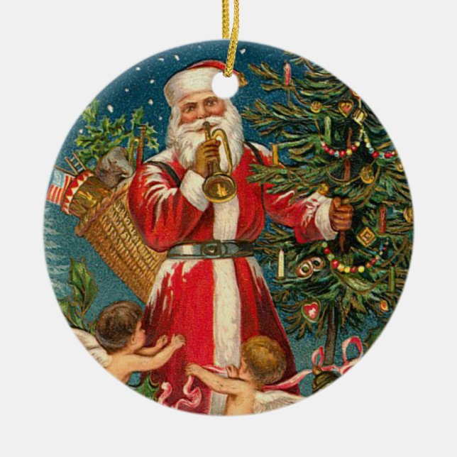 Santa with Christmas Angels around a Tree Ceramic Ornament (Front)